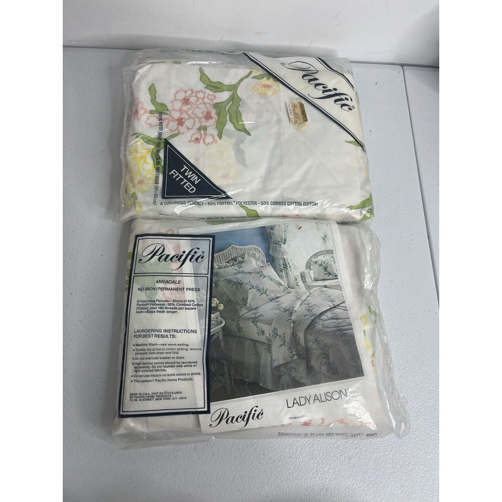 Pacific Twin Fitted Sheet Lot Of‎ 2 Lady Alison White Floral